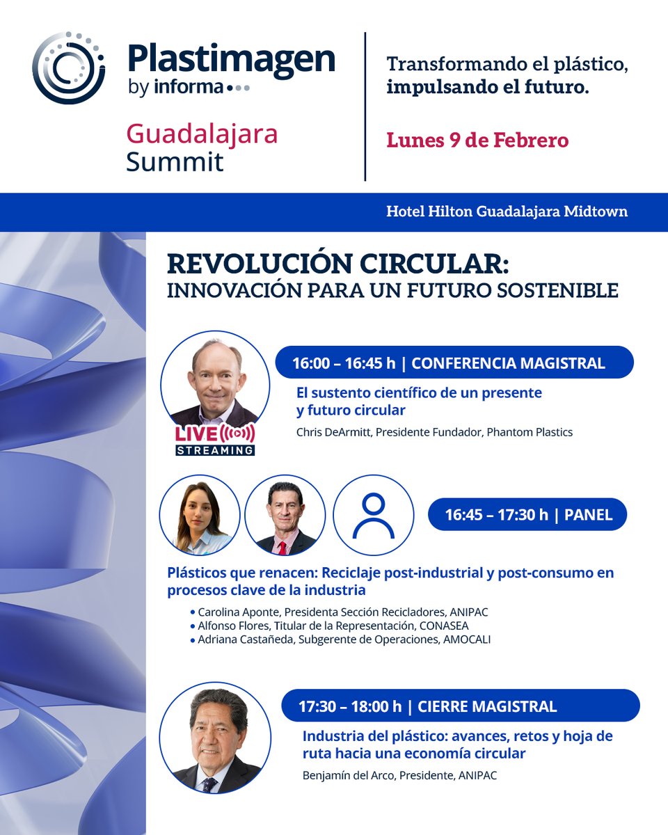 Hoy inicia el Plastimagen Guadalajara Summit

Consulta la agenda del día y no te pierdas la conferencia magistral de Chris DeArmitt, donde se abordará el sustento científico de un presente y futuro circular.

Hotel Hilton Guadalajara Midtown

Desde las 16:00 h

¡Te esperamos!