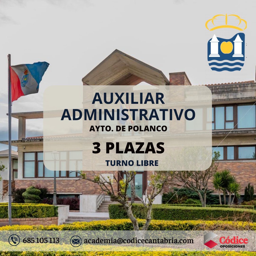 📣 Publicado hoy lunes 9 de febrero las bases de la convocatoria para 3 plazas de #auxiliar #administrativo del Ayto. de #Polanco

📝 Oposición libre
⏱ Plazo de presentación de instancias: una vez sea publicado en el BOE

🔗boc.cantabria.es/boces/verAnunc…