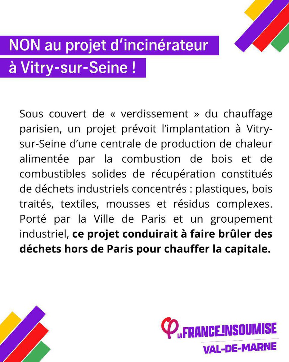 FI_ValdeMarne's tweet photo. 🔴 Communiqué de la France insoumise Val-de-Marne à propos du projet de centrale à production de chaleur à Vitry-sur-Seine.

Notre département n’a pas vocation à continuer à être un « territoire servant » de la ville de Paris et de devenir une zone sacrifiée. https://t.co/HY3M0DyEGT