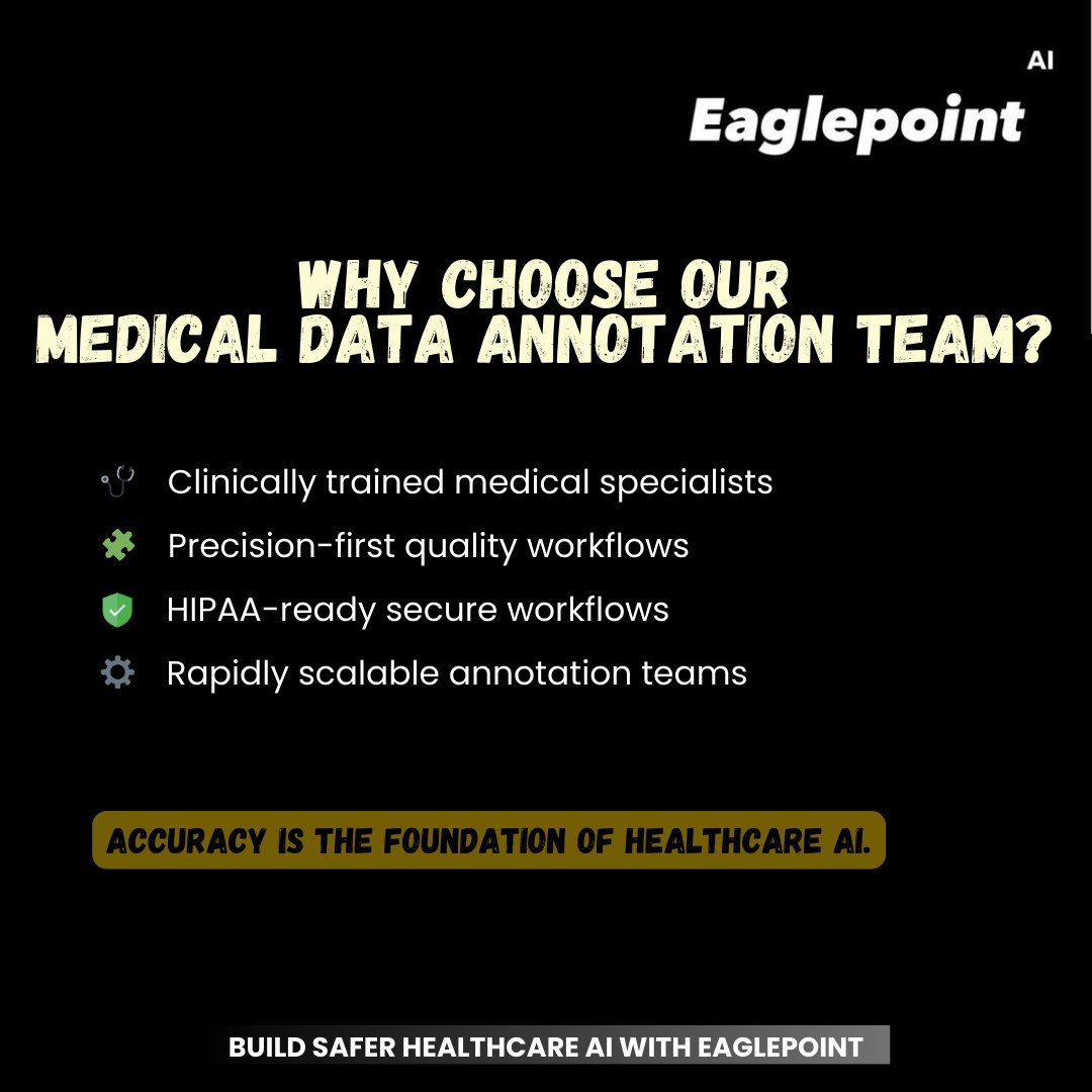 EaglepointAI's tweet photo. Behind every reliable healthcare AI system is data you can trust.

At Eaglepoint AI, our clinically trained annotation teams help transform complex medical data into high-quality training datasets, securely, accurately, and at scale.

#EaglepointAI #Healthcare https://t.co/1D1MXvVPMj