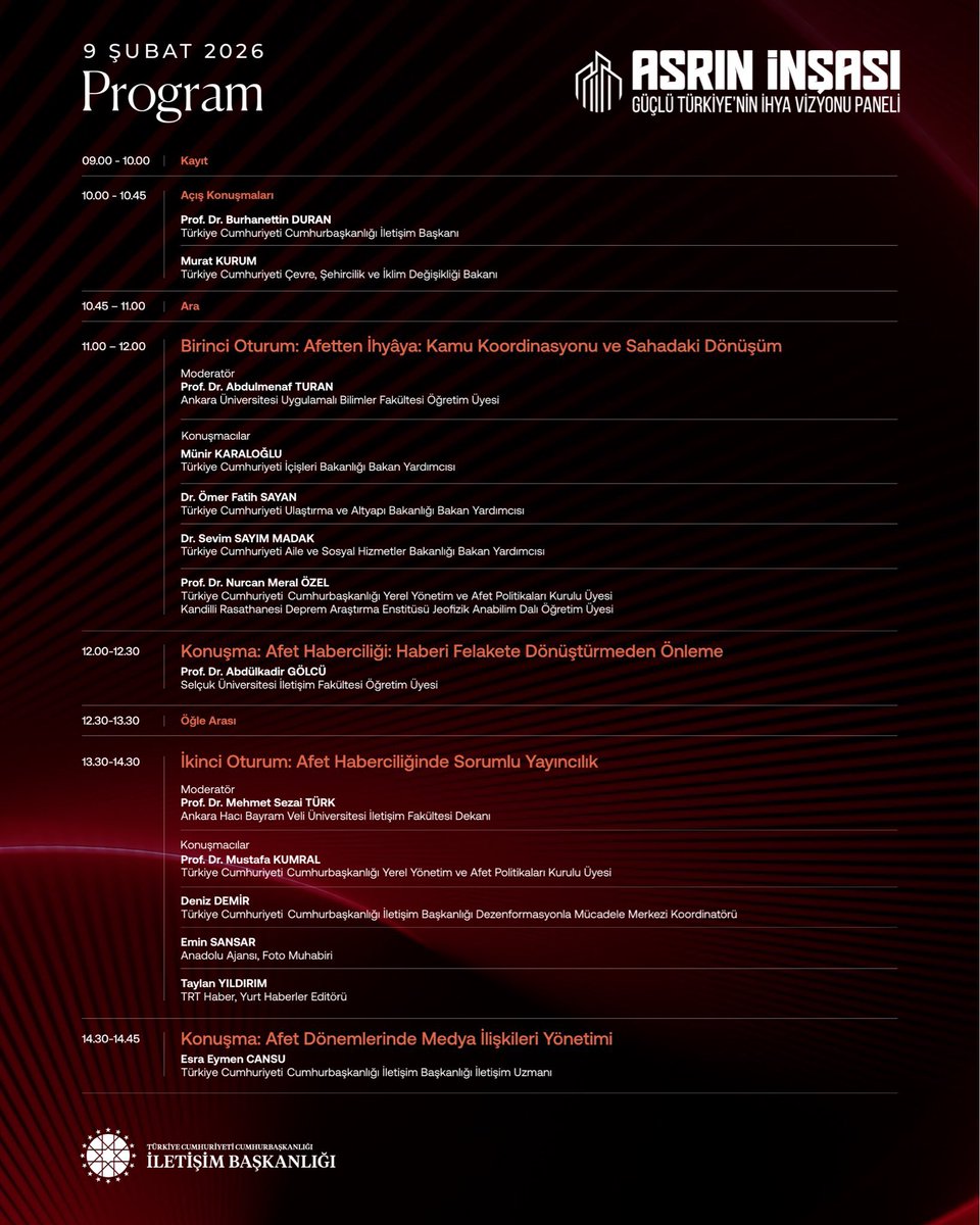 📍İletişim Başkanlığı
İletişim Başkanlığımızın ev sahipliğinde düzenlenen “Asrın Eseri: Güçlü Türkiye’nin İhya Vizyonu” paneline katılarak; Sayın Cumhurbaşkanımızın ortaya koyduğu vizyon doğrultusunda, afetten ihyaya uzanan süreci kamu koordinasyonu, şehirlerin yeniden inşası ve