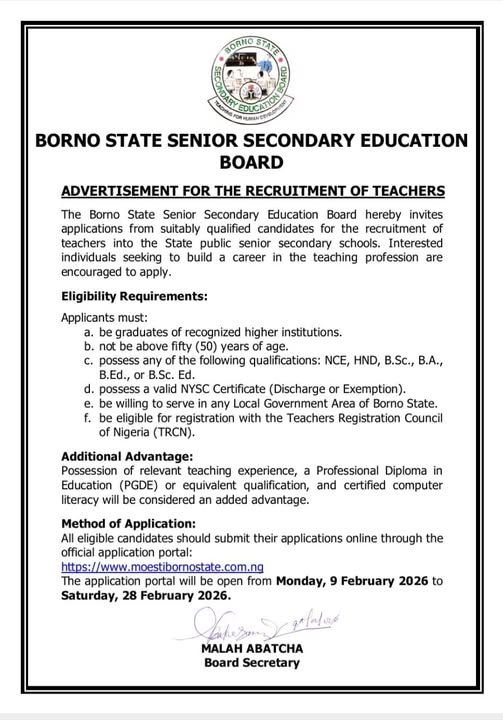 BORNO STATE SENIOR SECONDARY EDUCATION BOARD ADVERTISEMENT FOR THE RECRUITMENT OF TEACHERS