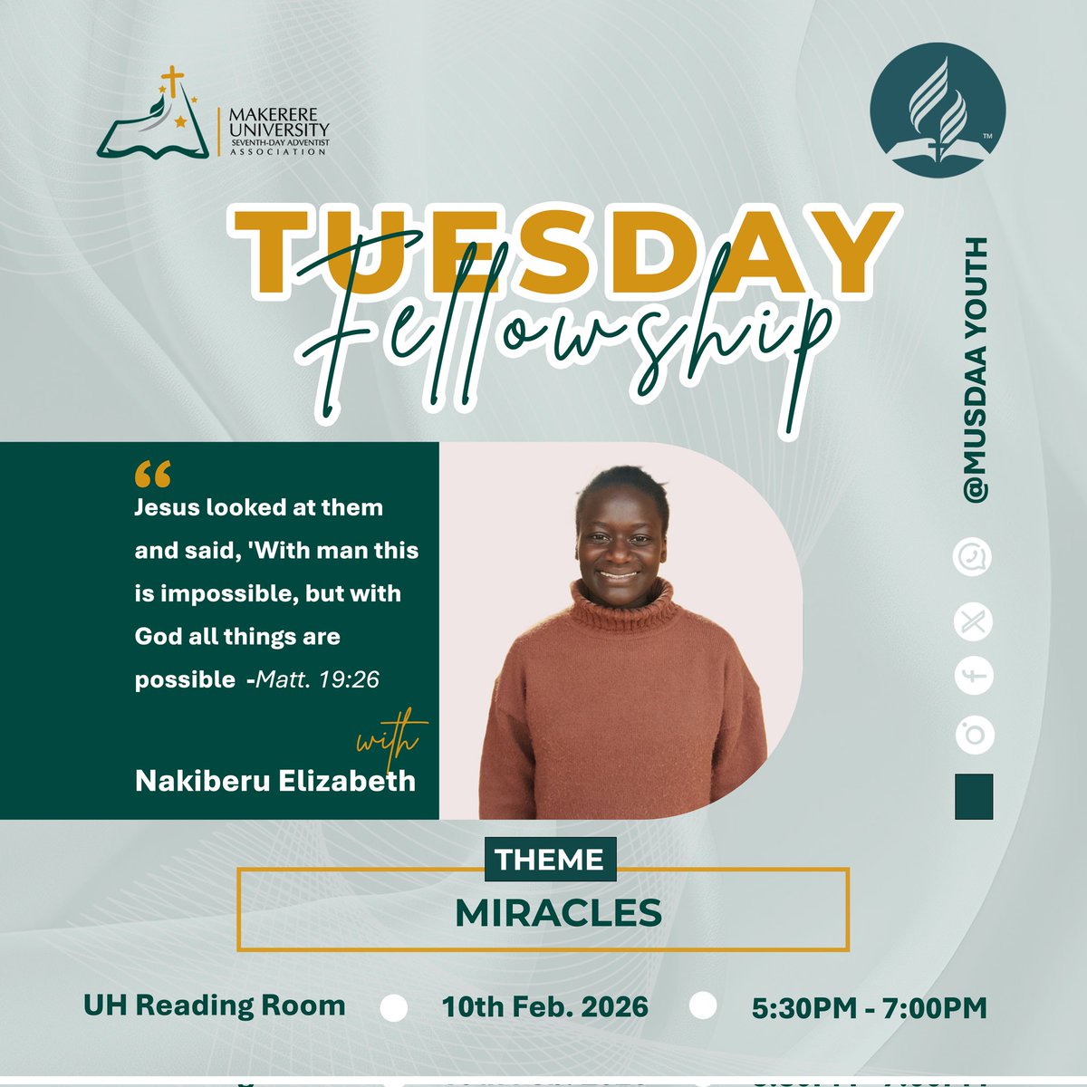 MusdaaY's tweet photo. ๐จTuesday Fellowship is here โจWhy would you miss the first fellowship of this semester? ๐ https://t.co/Q5mz2qMwgQ