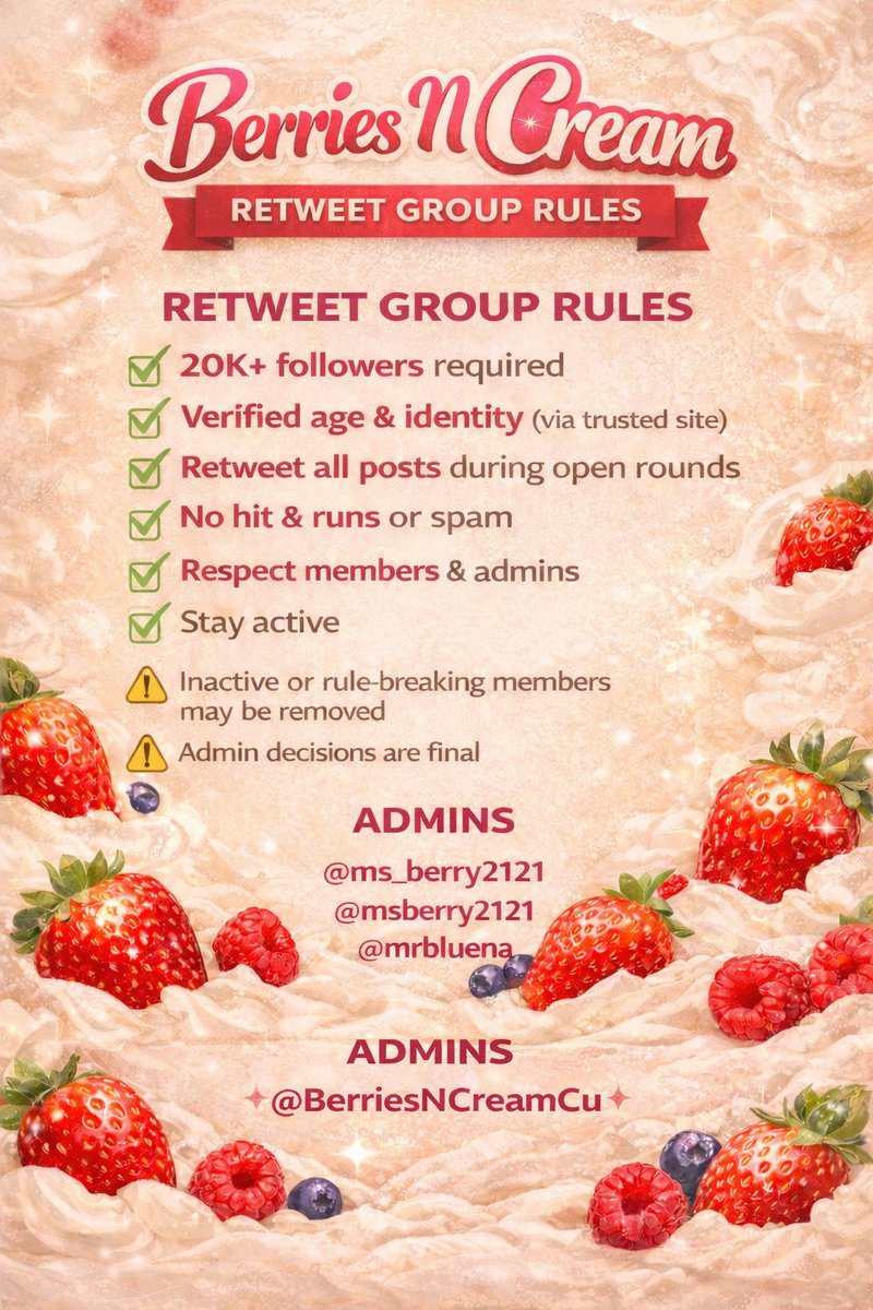 Promo4Blue's tweet photo. 🍓 Berries N Cream RT Group
Rules posted. Activity required.
CU Page ➜ @BerriesNCreamCu https://t.co/iSmKh5BMY6