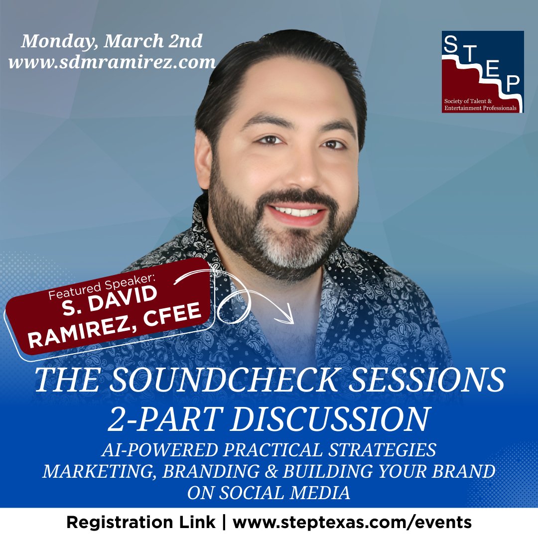 STEPROCKS's tweet photo. AI doesn’t have to be overwhelming.

At 10:30 AM, S. David Ramirez, CFEE shares practical ways to use AI + tech in talent management, marketing &amp; growth at THE SOUNDCHECK SESSIONS (Part One).

Smart tools. Real results.

🎟️ https://t.co/EUqvSW8VrP
🌐 https://t.co/n9DdPNYTTJ https://t.co/2QDBoX18aS