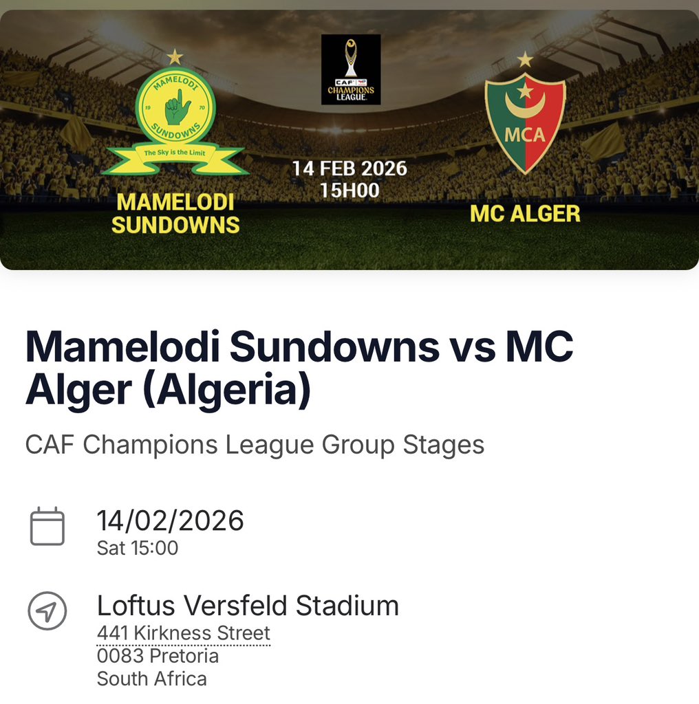 Tickets for the game against MC Alger are available for R40 and R15 for minors at Opentickets, Checkers, Shoprite and Usave.

shop.opentickets.co.za/event/mamelodi…
