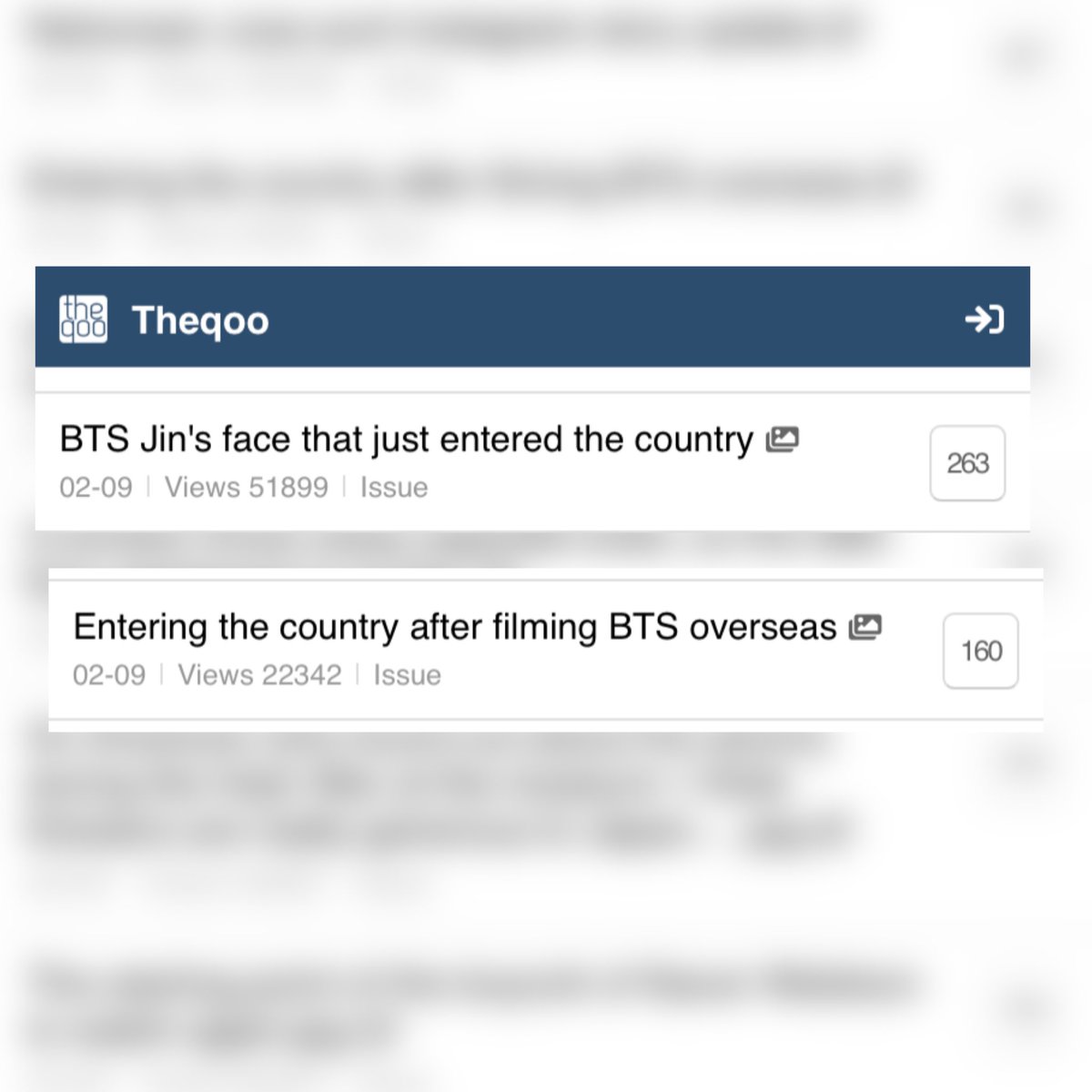 [01:16 AM KST]  The only two BTS-related posts trending on Qoo’s Hot category right now :

🥇Jin —> 51K views, 263 comments
🥈BTS —> 22K views, 160 comments