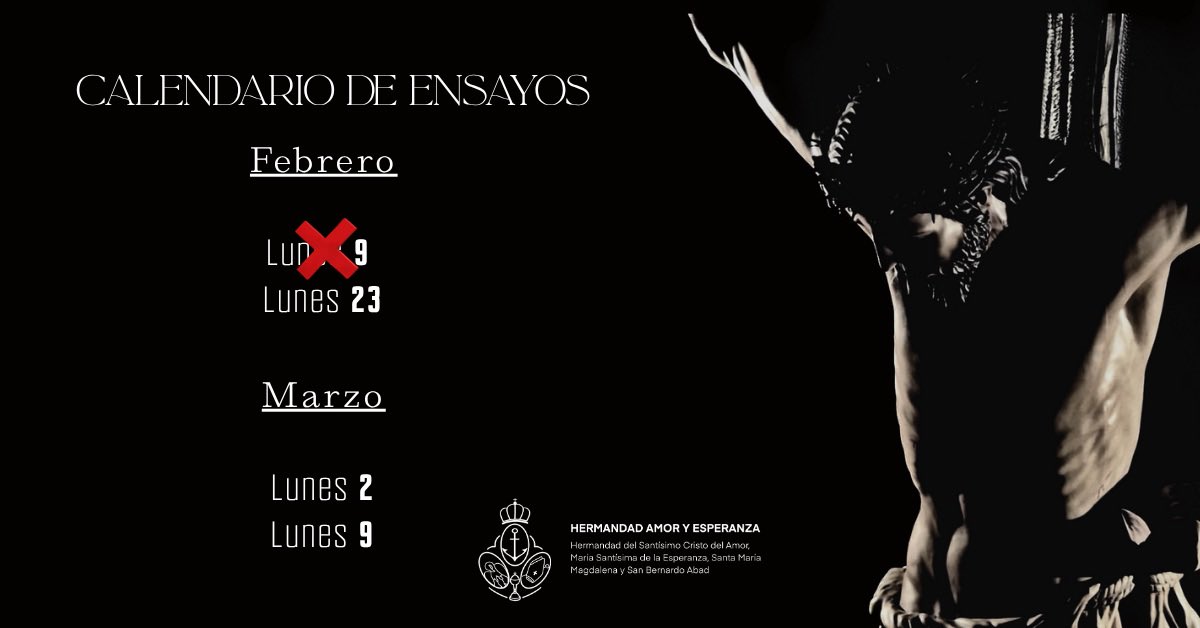 🚨⚠️☔ El ensayo de la cuadrilla del Stmo. Cristo del Amor, previsto para esta noche, se cancela.

En sustitución, se pasa al próximo lunes 16 a la misma hora, en c/Pavia.