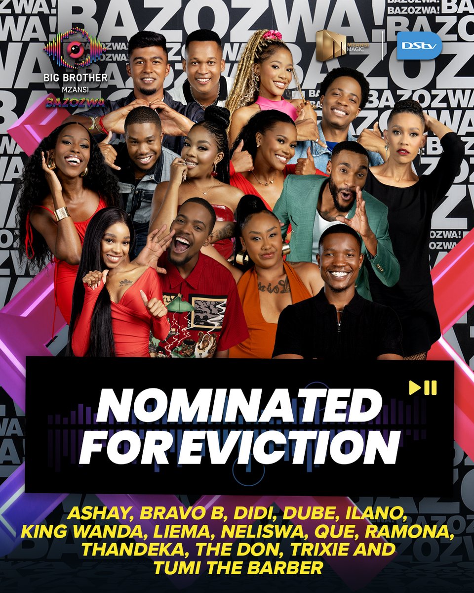 BBMzansi's tweet photo. Voting is officially open!  Ashay, Bravo B, Didi, Dube, Ilano, King Wanda, Liema, Neliswa, Que, Ramona, Thandeka, The Don, Trixie and Tumi the Barber are up for possible eviction this week, and it’s now in your hands to save them. 🥹🥹

Save your fave and vote here: https://t.co/cwOKXO10BC

Remember:
Web: 100 votes
Mobile: 100 votes
MyDStv App: Based on eligible packages

Voting closes on Thursday at 21:00.

#BBMzansiS6 #Bazozwa