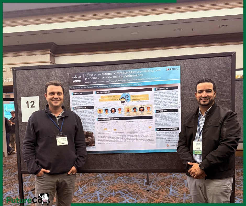 FutureCow at #NMC2025! 📊
Our LATAM Manager &amp; Dr. Zanforlin shared real results from Brazil:
✅ +4.5% milk flow
✅ –19.2% bimodal curves
✅ +10.4% parlor throughput
Teat prep that delivers. 💪🐄
#MilkQuality #DairyInnovation #TeatPrep