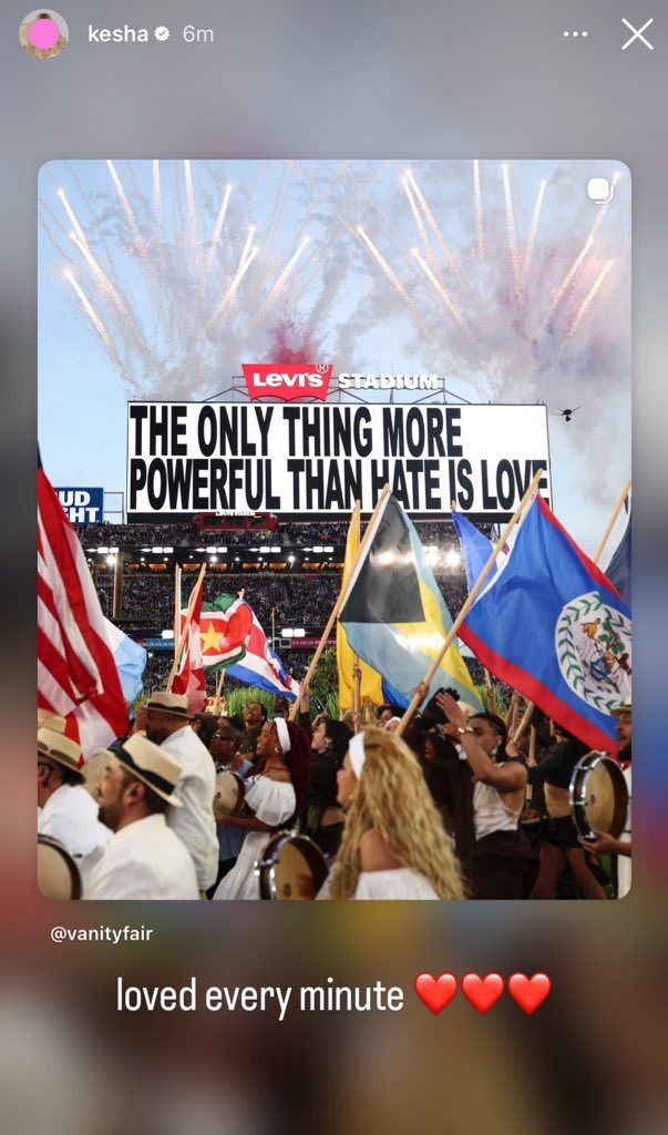 Kesha posted about Bad Bunny’s Super Bowl Halftime Show via Instagram 

“Loved every minute ♥️♥️♥️”