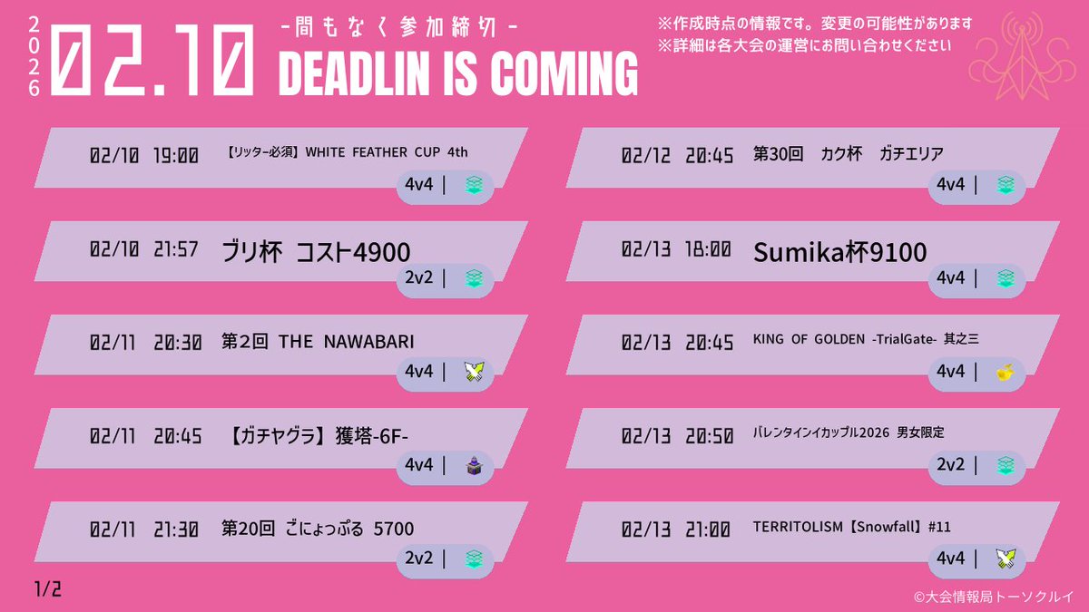 spl_tic's tweet image. 【TODAY'S INFOMATION】
本日開催＋まもなく応募締切の大会情報をお届け🛵💨

◆開催予定の大会の情報ポストは👇
x.gd/ldWqM

◆締切間近の大会の情報ポストは👇
x.gd/X7kAU

興味のある大会を見つけてスプラを楽しもう！
大会情報発信中📡フォロー＆拡散歓迎🙌