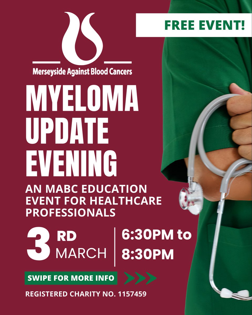 MABC_Charity's tweet image. As part of #MyelomaAwarenessMonth, we’re pleased to invite healthcare professionals to a free, informal education evening.

🗓 Tues 3rd Mar
⏰ 6.30–8.30pm
📍 Lunyalita Restaurant

Nibbles, snacks &amp;amp; soft drinks provided.

🔗 Book your free place here!
forms.gle/3daCVx82Kpt9Xb…