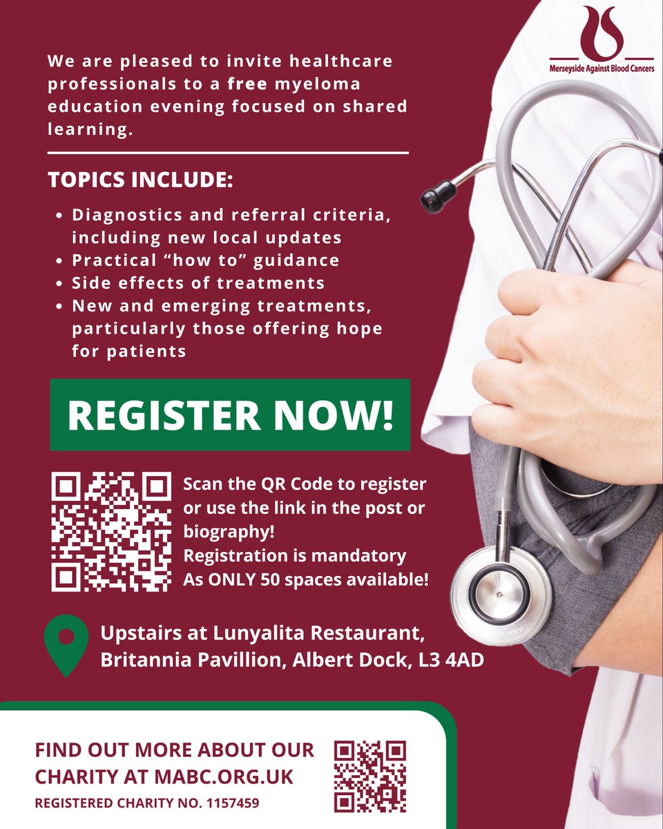 MABC_Charity's tweet image. As part of #MyelomaAwarenessMonth, we’re pleased to invite healthcare professionals to a free, informal education evening.

🗓 Tues 3rd Mar
⏰ 6.30–8.30pm
📍 Lunyalita Restaurant

Nibbles, snacks &amp;amp; soft drinks provided.

🔗 Book your free place here!
forms.gle/3daCVx82Kpt9Xb…