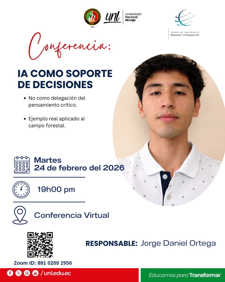 🤖📚 ¿La IA decide por nosotros?

📢 IA como soporte de decisiones
No como delegación del pensamiento crítico.
Caso real aplicado al sector forestal 🌱

🗓 24 feb 2026 | ⏰ 19:00
💻 Virtual
🎙 Jorge Daniel Ortega

Proyecto IA593 | GITIC – UNL
🔗 Registro: forms.gle/G7NBv7DesMAQja…