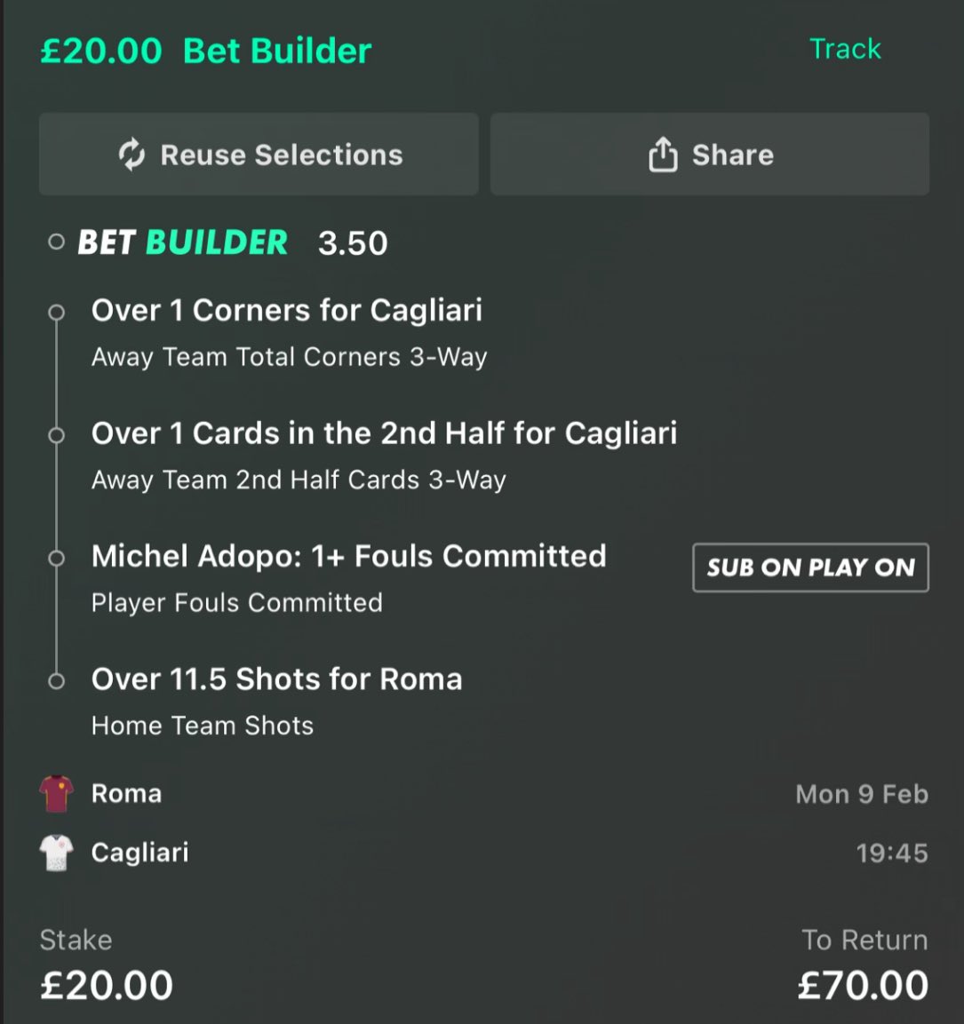 TheStatScout's tweet photo. 🏟️ ROMA v CAGLIARI

💰 2 Units | 📊 Odds: 3.50

📊 Research

Cagliari away corners: 0, 7, 2, 2, 5, 0, 6, 4, 2, 4, 3, 3
Roma home corners against: 4, 4, 1, 5, 2, 4, 2, 3, 1, 2, 3

Cagliari away SH Cards: 0, 2, 1, 4, 2, 1, 4, 2, 0, 1, 3, 3
Roma home SH Cards Against: 0, 1, 2, 2, 2, 1, 3, 3, 1, 2, 4

Adopo Fouls Committed: 1, 1, 2, 0, 3, 2, 1, 2, 0, 1, 1

Roma home shots: 14, 22, 10, 15, 18, 13, 8, 14, 16, 26, 15
Cagliari away shots against: 20, 11, 23, 10, 8, 10, 14, 17, 19, 12, 11, 15

Add To Your Bet Slip - https://t.co/jHMKKG6eod

Stats provided by @StatsHubCom