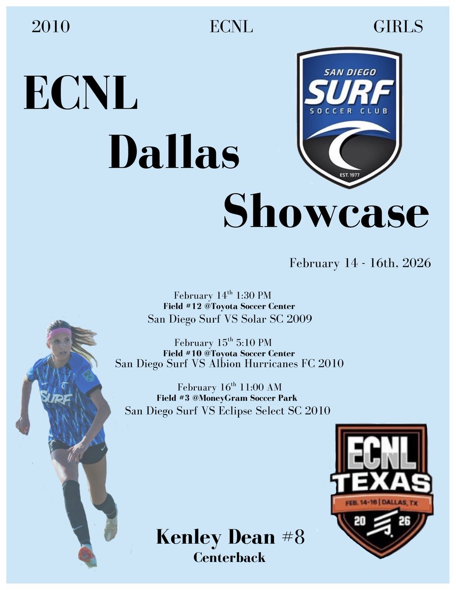 kenleydean_8's tweet photo. Schedule drop ⬇️
Excited for the @ECNLgirls Dallas Showcase this weekend! Ready for some competitive soccer in Texas 🤠
@TheSoccerWire @ImYouthSoccer @ImCollegeSoccer @TopDrawerSoccer @PrepSoccerCA 
@PrepSoccer 
@SurfSoccerClub 
#ECNLTX #classof2028 #centerback #eight https://t.co/v19RSgNV30