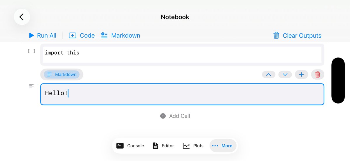 axiomsofxyz's tweet photo. "import this" hits different when you're running it from your phone.

notebook mode. coming soon.

#python #jupyter #pyodide #wasm https://t.co/gPHRgXMWO3