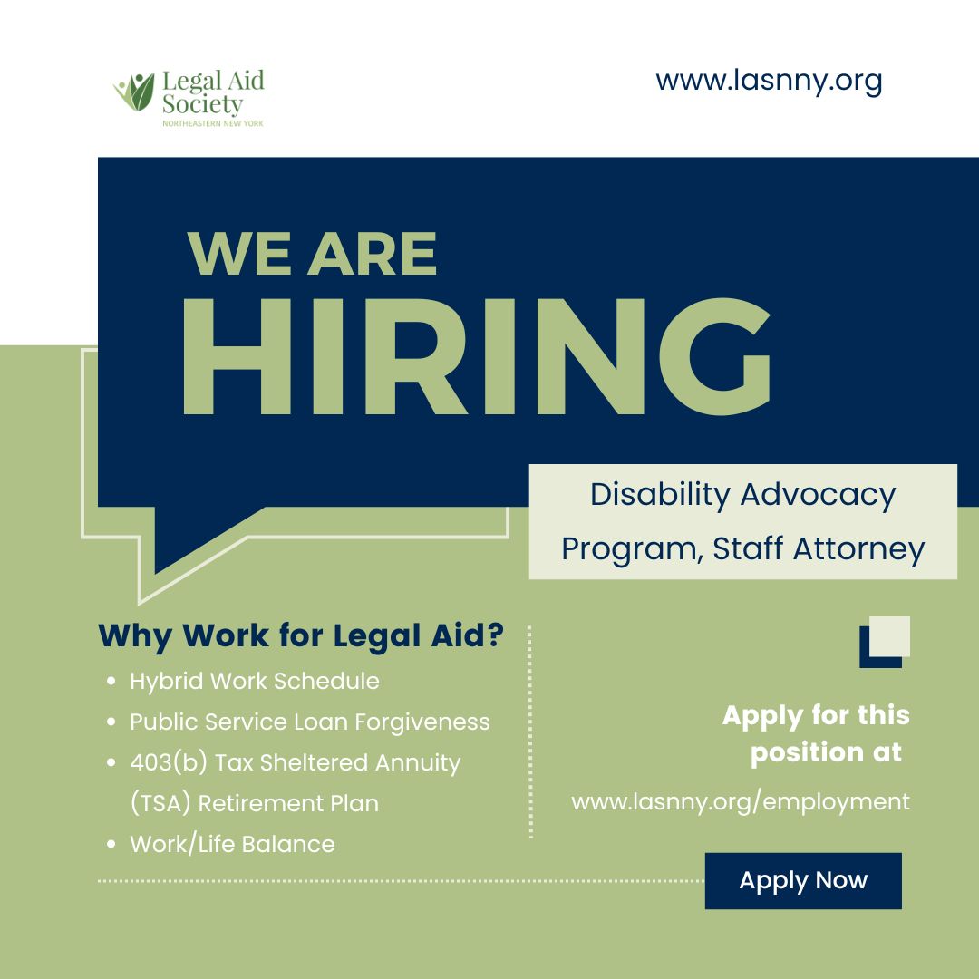 LASNNY has openings for a Disability Advocacy Program (DAP) Staff Attorney in both our Albany and Amsterdam offices.

If you're seeking meaningful, value-driven work at an organization that prioritizes work-life balance, we encourage you to apply today! bit.ly/LASNNYJobs
