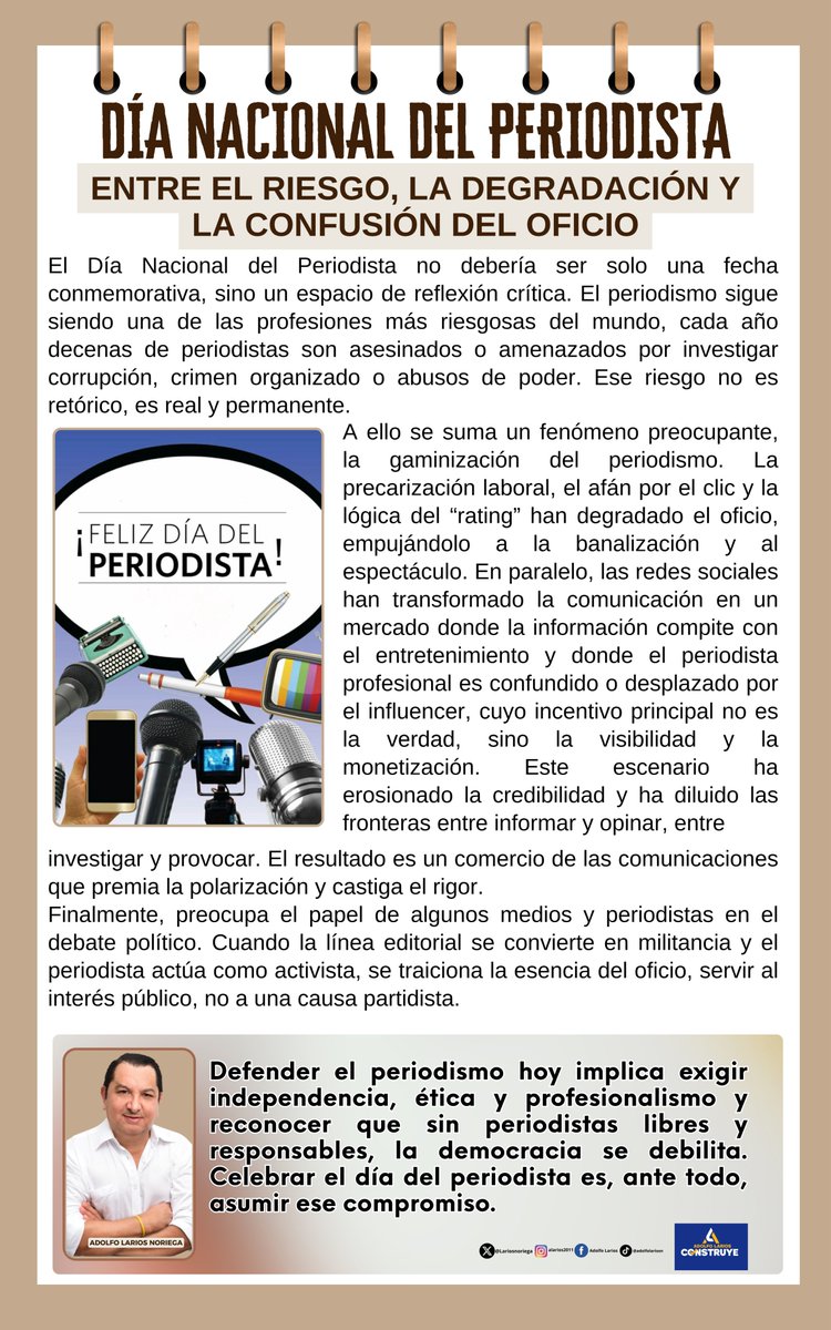 Lariosnoriega's tweet photo. En el Día Nacional del Periodista vale la pena recordar que informar sigue siendo un acto de valentía. En un oficio marcado por el riesgo, la desinformación y la presión del clic, el periodismo enfrenta hoy la banalización del contenido, la confusión con el activismo y el desplazamiento del rigor por la viralidad. Defender el periodismo es defender la verdad, la ética y la democracia. Sin periodistas responsables e independientes, la sociedad pierde su voz crítica. @edgarjsalas @Javaragui @vannyjohann @fernamier @FLIP_org @ExtraNoticiasCo @CostaNoticiasTV @leydelmontes
