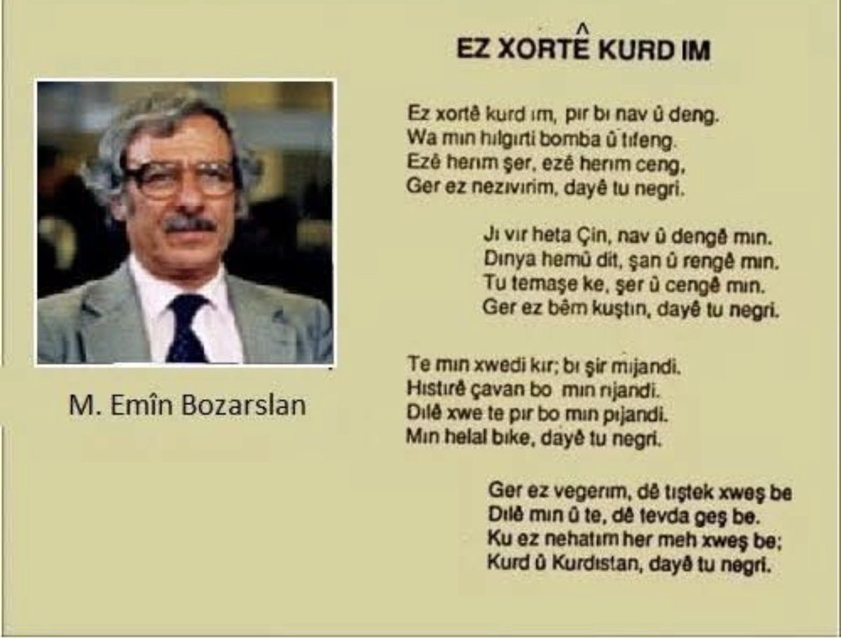 “Ez xortê kurd im pir bi nav û deng!”

Serê miletê Kurd sax be.

Mehmet Emin Bozarslan pêşîvaneke mezin yê xebatên li ser zimanê kurdî bû. Ew mirovê pêşiyê bû ko Mem û Zîna Ehmedî Xanî di 1968-ê de bi tîpên latînî li nivşên nû yên bakurê Kurdistanê da nasîn. Wî hemî jiyana xwe bo