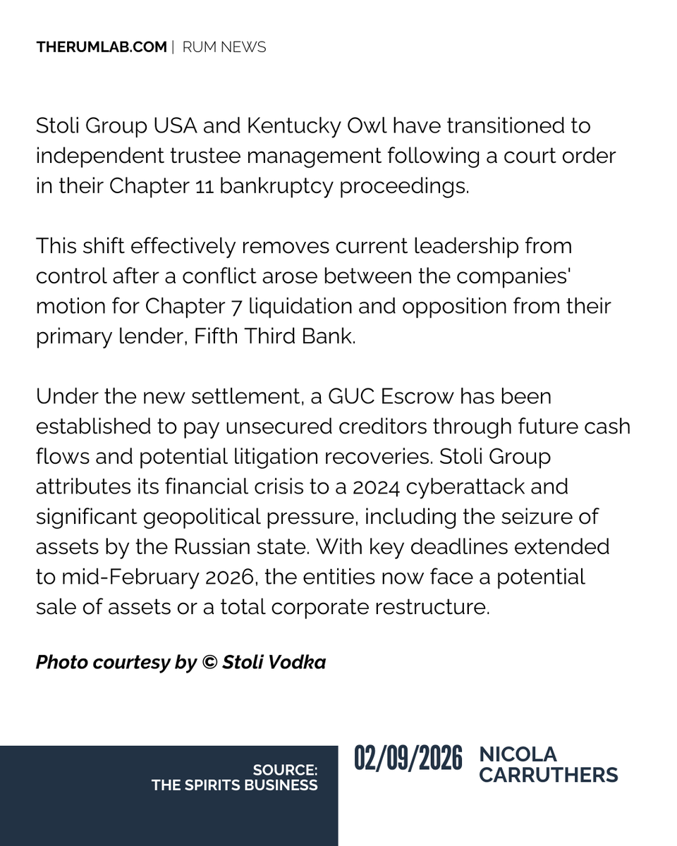 therumlab's tweet image. Independent trustees are taking control of Stoli USA and Kentucky Owl. Current management is out as the bankruptcy battle shifts to avoid immediate liquidation. Is a sale next?

📩 Get the full update: therumlab.com/signup/

#StoliGroup #IndustryIntel #TheRumLab