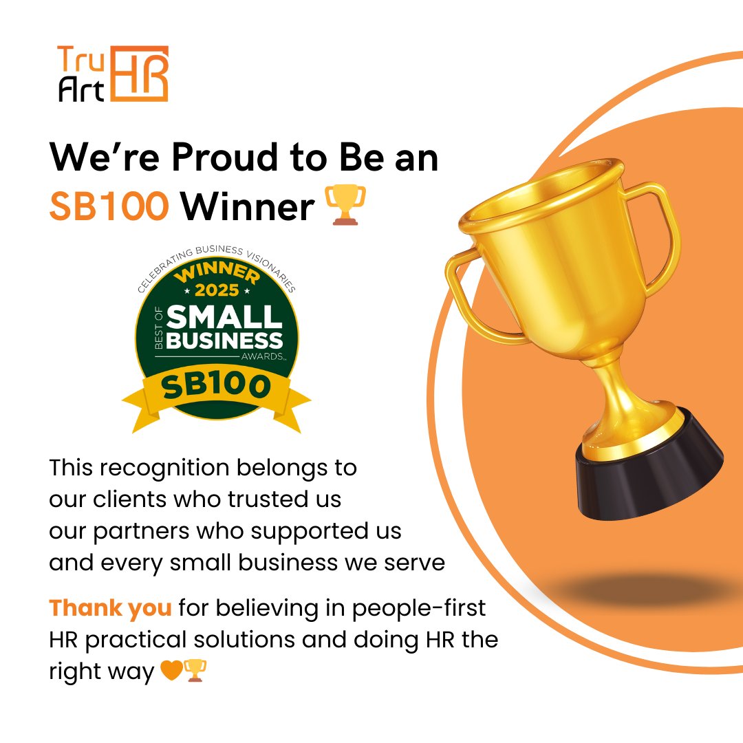 tru_art_hr's tweet photo. 🏆 Honored to be recognized among the #SB100 small #business winners.

This milestone reflects our commitment to people-first #HR, trusted partnerships, and supporting growing #businesses with practical #HR solutions.

#Grateful for the #community that made this possible. 🧡 https://t.co/29EvV5QKyk