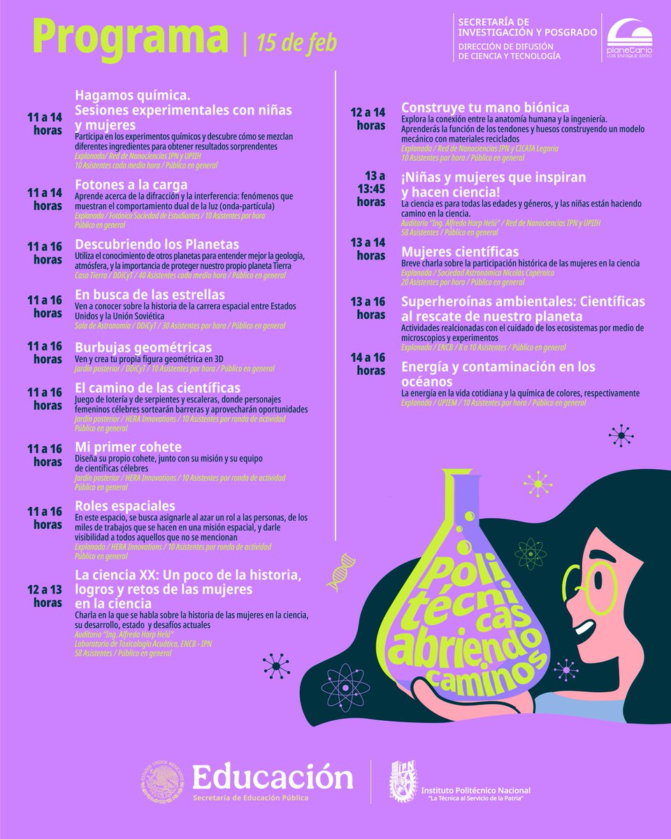 👩‍🔬👧 Mujeres y niñas que inspiran ciencia

✨ Sé parte de “Politécnicas abriendo caminos” en el Planetario Luis Enrique Erro.
🚀 Talleres, charlas y experiencias #STEM para todas las edades.

🗓️ 14 feb | 10:00–16:00 h.
🗓️ 15 feb | 11:00–16:00 h.

#MujeresEnLaCiencia #IPN