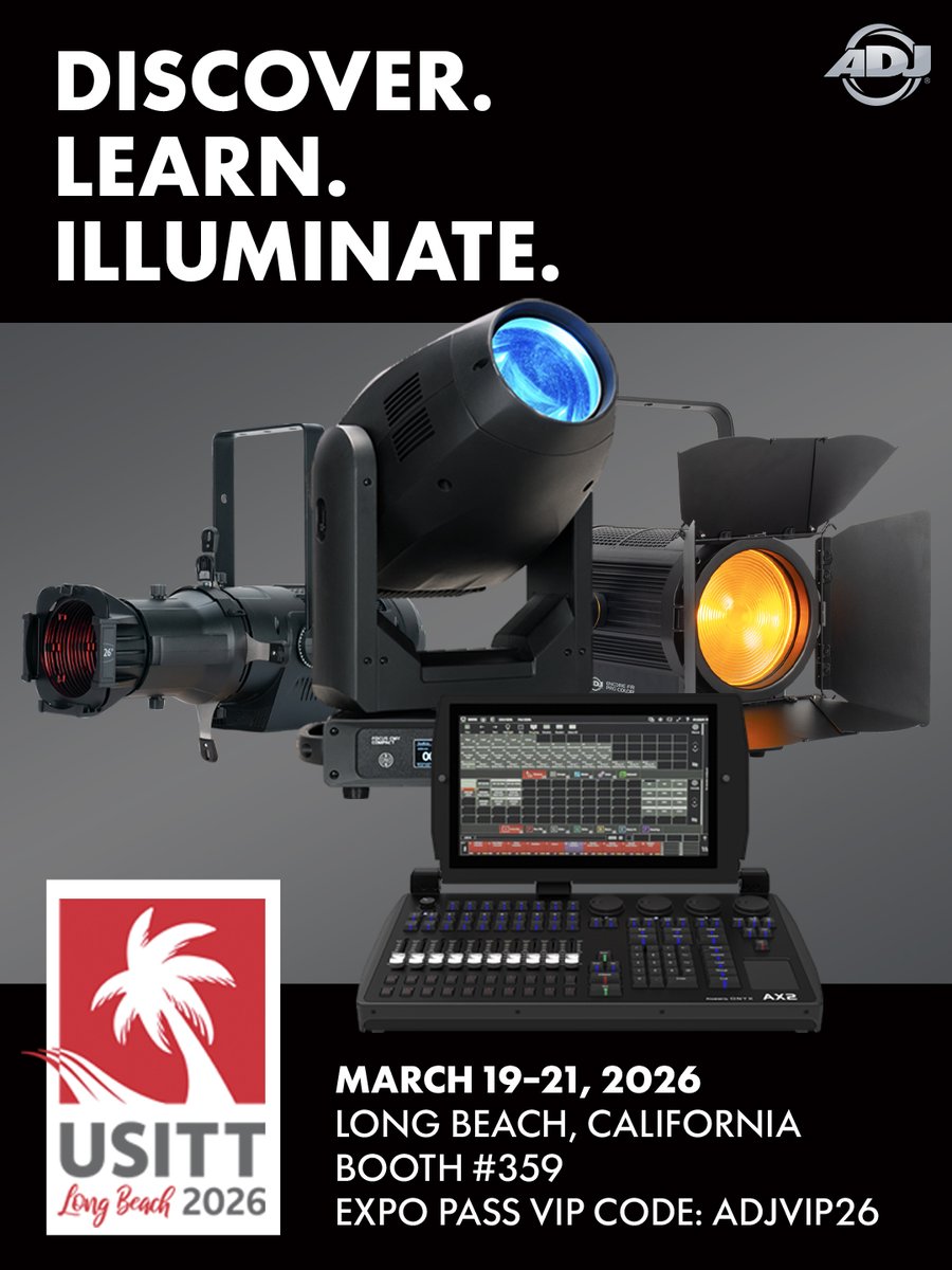 Discover. Learn. Illuminate. Discover ADJ Lighting at <a href="/usitt/">USITT</a> 2026. Visit Booth 359 at the Long Beach Convention Center to explore ADJ’s newest theatrical lighting technologies. tinyurl.com/3as5ejrj #adjlighting #usitt #usitt2026