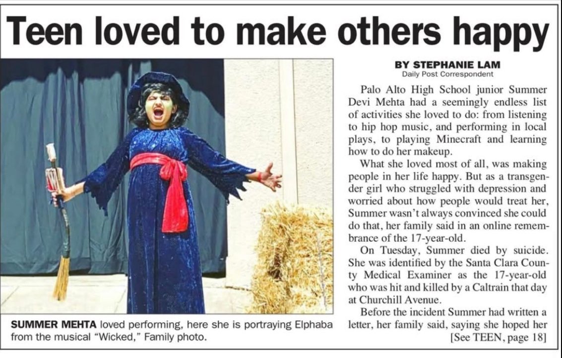 bourne_beth2345's tweet image. DEVASTATING NEWS: A second trans-identified student at Palo Alto High School died by suicide (hit and killed by a Caltrain) last week.

In the article about Summer Devi Mehta’s death, it mentions his best friend at school, Ash He, also a boy who identified as “non-binary,” ended…