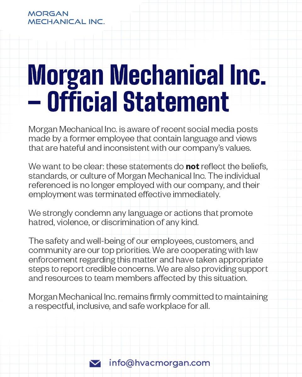 hvacmorgan's tweet photo. Morgan Mechanical Inc. stands firmly by our values of respect, safety, and inclusion.

Please read our official statement below.

#OfficialStatement #CompanyValues #IntegrityMatters #RespectAtWork #WorkplaceSafety #ProfessionalStandards

@ImMeme0 https://t.co/ZAr9AH7Y5z