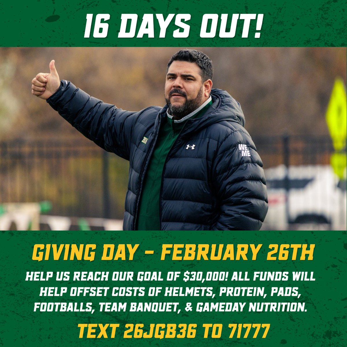 TEXT: 26JGB36 to 71777 or CLICK the link below to donate to BHSU Football this Giving Day. We're fundraising to offset costs of helmets, nutrition, and equipment. #JacketsGiveBack #WeOverMe fundraise.givesmart.com/vf/26JGB/BHSUF…