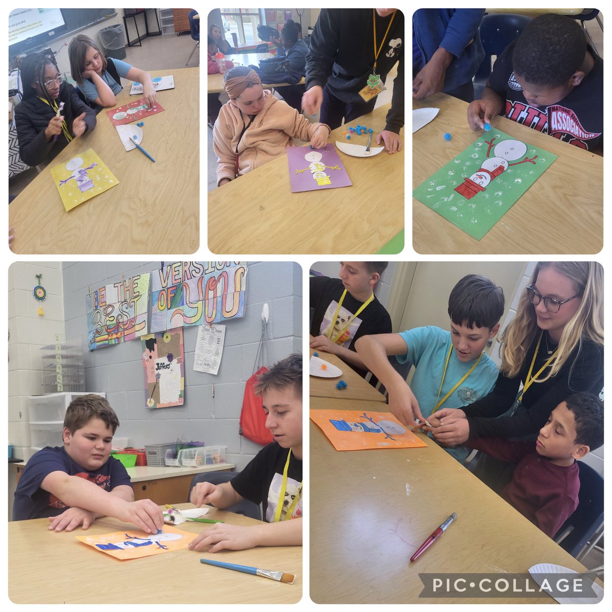 Peer Exploratory Unified Art students in Mrs. Jeffers class created complementary color pop art snowmen!