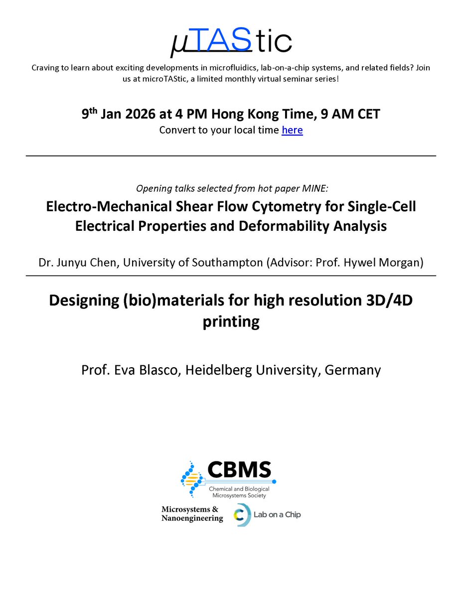MicroTas2026's tweet photo. µTAStic this Friday, February 13 featuring Drs. Inge Herrmann and Xavier Noblin! Register here: https://t.co/JqRUldBQ5g https://t.co/VZQ0ZA27bU