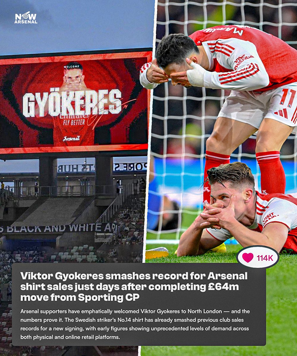 Arsenal’s X post of Viktor Gyokeres celebrating his goal against Sunderland is one of the club’s most liked social media posts at 114k.

When he signed in the summer, he broke every shirt sale record there was.

Viktor Gyokeres is him.