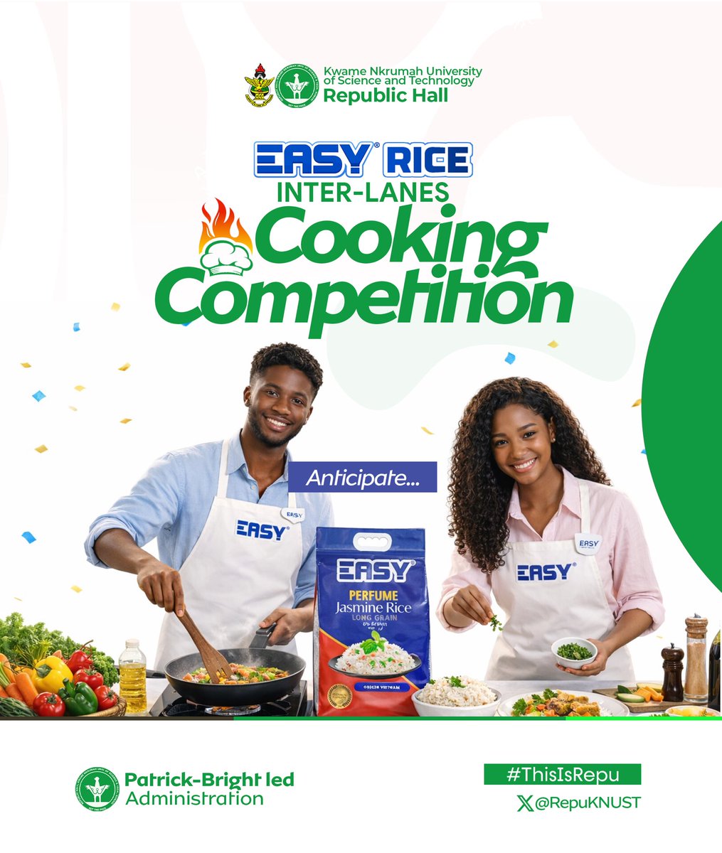 RepuKNUST's tweet image. Something delicious is simmering at Republic Hall! 🍲🔥

Get ready for the ultimate culinary showdown. 
The Easy Rice Inter-Lanes Cooking Competition is coming soon. Which lane has the best chefs? 👀👨🏾‍🍳👩🏾‍🍳

#ThisIsRepu #EasyRice #KNUST