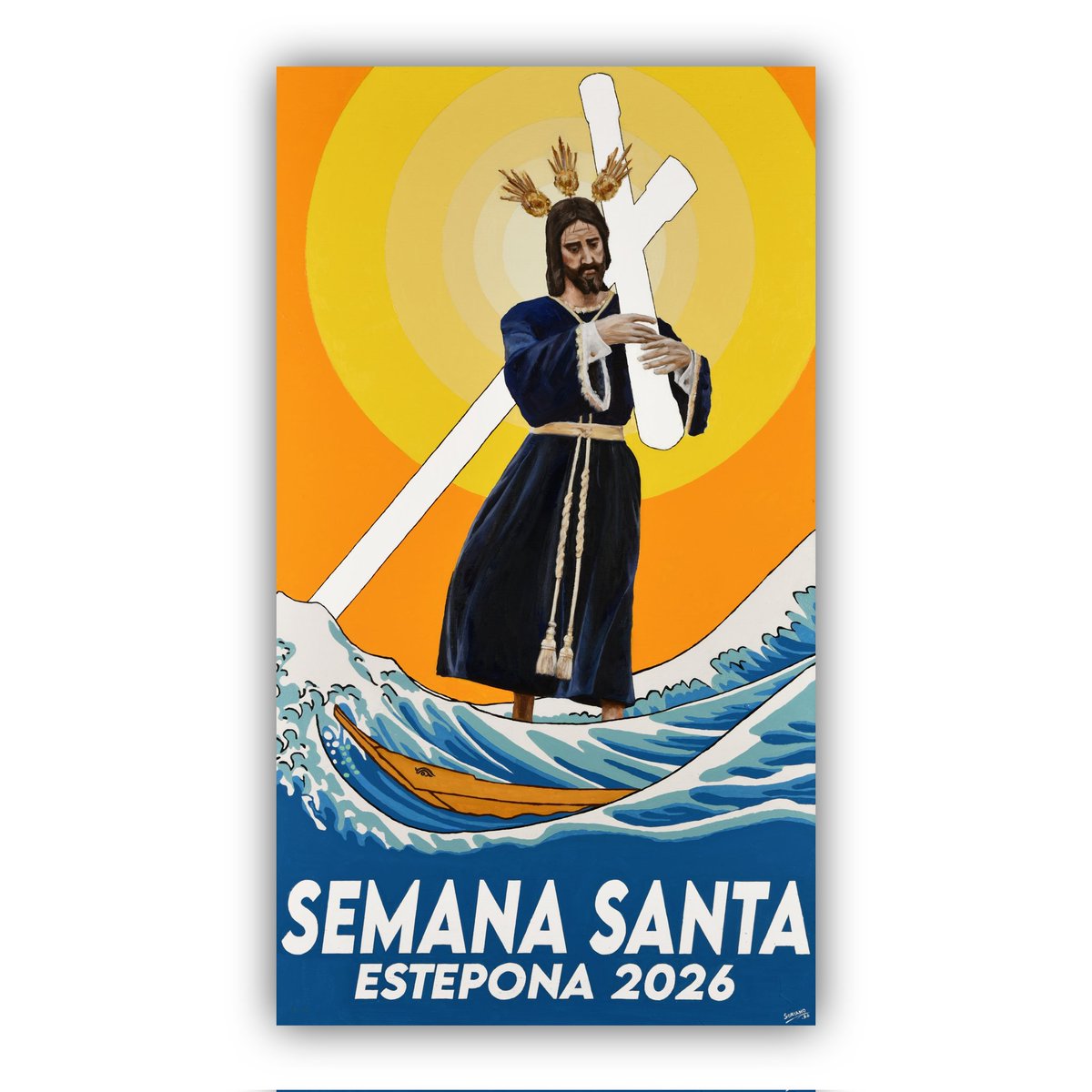 "Cartel Semana Santa de Estepona 2026"
Óleo sobre tabla.
El cristo del Amor y la gran ola de Kanagawa, fundiéndose para anunciar la semana grande de Estepona.