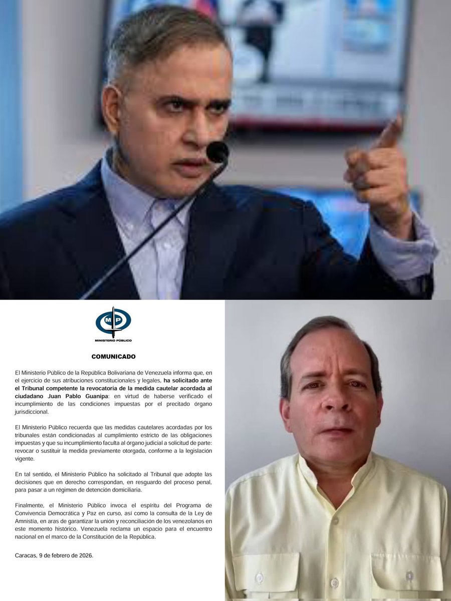 #9Feb La "justicia en #Venezuela"  tiene nombre: persecución. Tarek William Saab vuelve a ser el brazo ejecutor al encarcelar nuevamente a <a href="/JuanPGuanipa/">Juan Pablo Guanipa</a>

No son medidas cautelares, es represión pura contra quienes no se doblegan

¡#Libertad inmediata para Guanipa!

<a href="/MariaCorinaYA/">María Corina Machado</a>