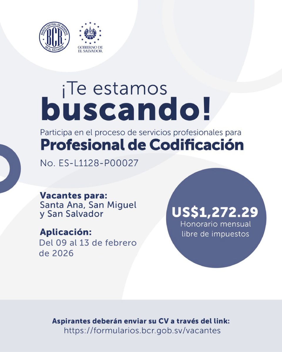 Para participar en el proceso de servicios profesionales, conocer los requisitos y registrar tu CV, haz clic aquí: formularios.bcr.gob.sv/vacantes ✅