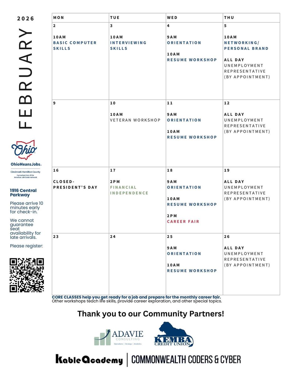 Here's our workshop schedule for February. Stop by and work on the skills that will land you the job you love.
