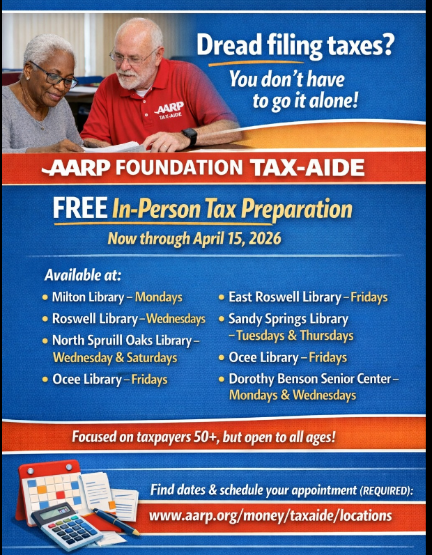 BobEllisFulton's tweet image. Want FREE tax help? @AARP Foundation Tax-Aide is offering in-person tax preparation at no charge at a number of locations in North Fulton. You must REGISTER for an appointment. Details at: aarp.org/money/taxes/aa….
#FreeTaxHelp #AARP #taxhelp