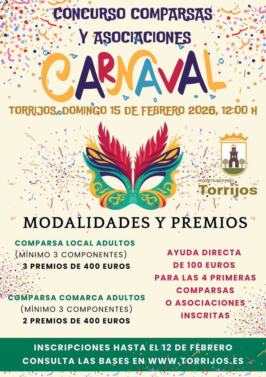 🤠🎭 CONCURSO COMPARSAS Y ASOCIACIONES CARNAVAL 2026

📅 El plazo finaliza el jueves 12 de febrero.

📃 Bases: torrijos.toledo.gob.es/eAdmin/Tablon.…

📄 Solicitud: En el Ayuntamiento Torrijos

#Carnaval2026 #Torrijos