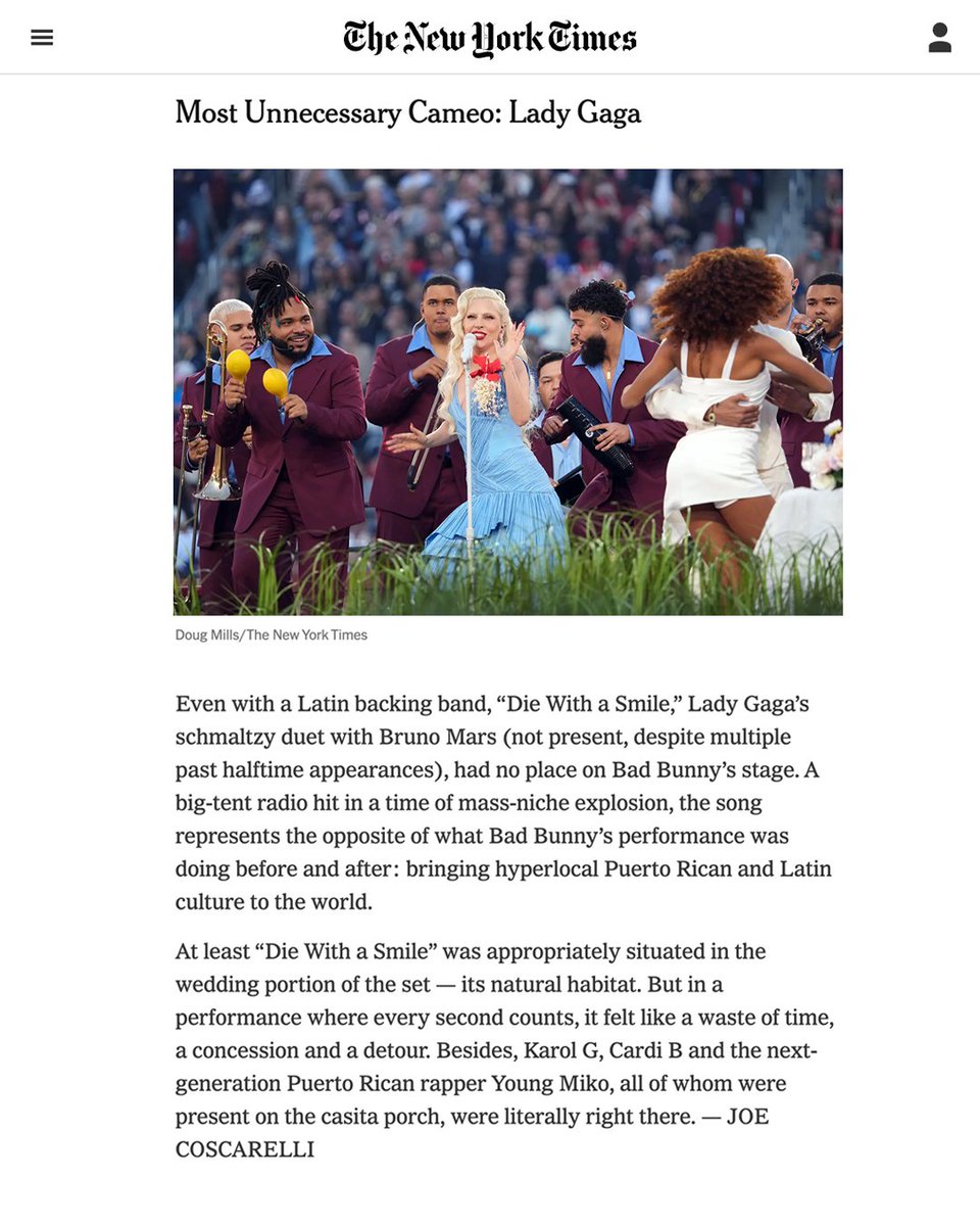 Lady Gaga é MASS*CRADA pelo The New York Times e recebe o título de "Participação Mais Desnecessária"

"Die With A Smile representa o oposto da proposta de levar a cultura latina local para o mundo. Uma perda de tempo."

MEU DEUS KKKKKKKKKKK NINGUEM TA CONSEGUINDO FINGIR
