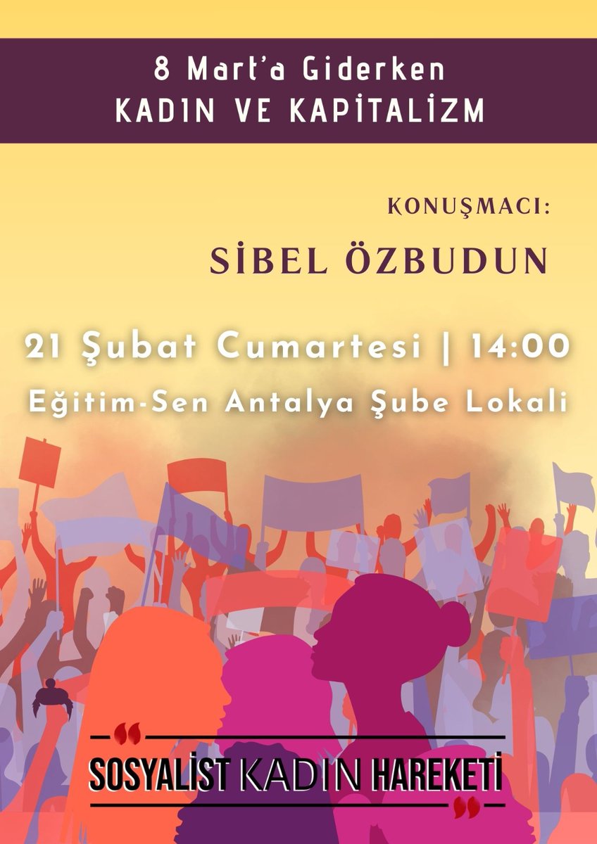 📌Antalya

Sibel Özbudun ile yapacağımız söyleşiye tüm kadınları çağırıyoruz!

🗓️ 21 Şubat Cumartesi
⏰ 14:00
📌 Eğitim-Sen Antalya Şubesi Lokali