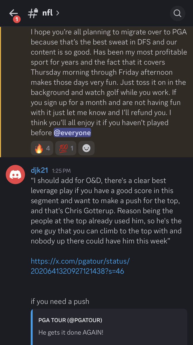 I made this offer in our NFL Discord and will post it here as well. If you join us for PGA and aren’t enjoying the content, I’ll refund you no questions asked. I really think you’ll enjoy it and the membership isn’t expensive, so you don’t need to bet big to make it worthwhile