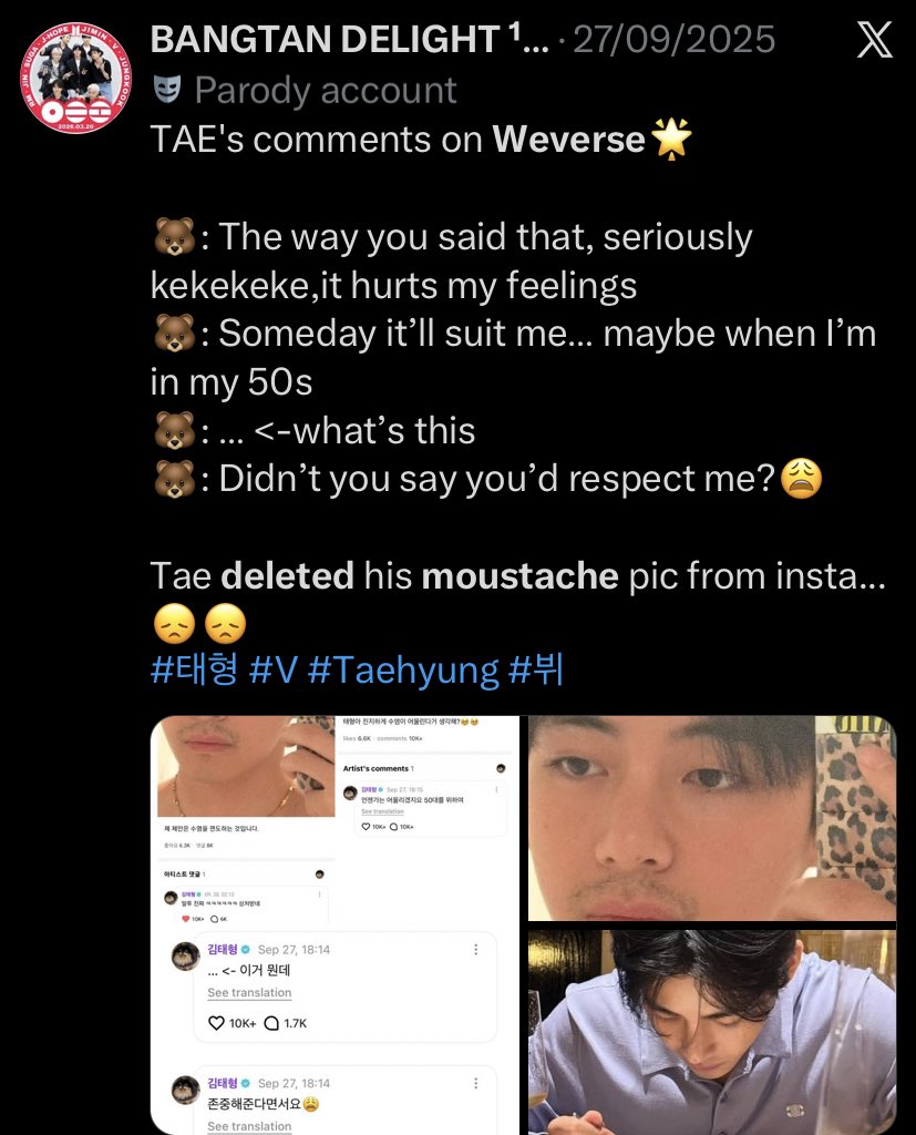 He was called out by thousands of ppl to delete the McDonald’s pic he posted in the middle of the boycott, even lost +30K followers but just ignored the whole thing.

But the minute he saw ONE person saying his mustache is ugly on weverse he immediately deleted from ig.