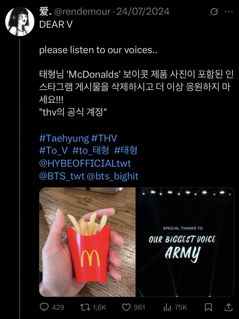 itgirlavril's tweet photo. He was called out by thousands of ppl to delete the McDonald’s pic he posted in the middle of the boycott, even lost +30K followers but just ignored the whole thing.

But the minute he saw ONE person saying his mustache is ugly on weverse he immediately deleted from ig. https://t.co/LEIw1gSGVu