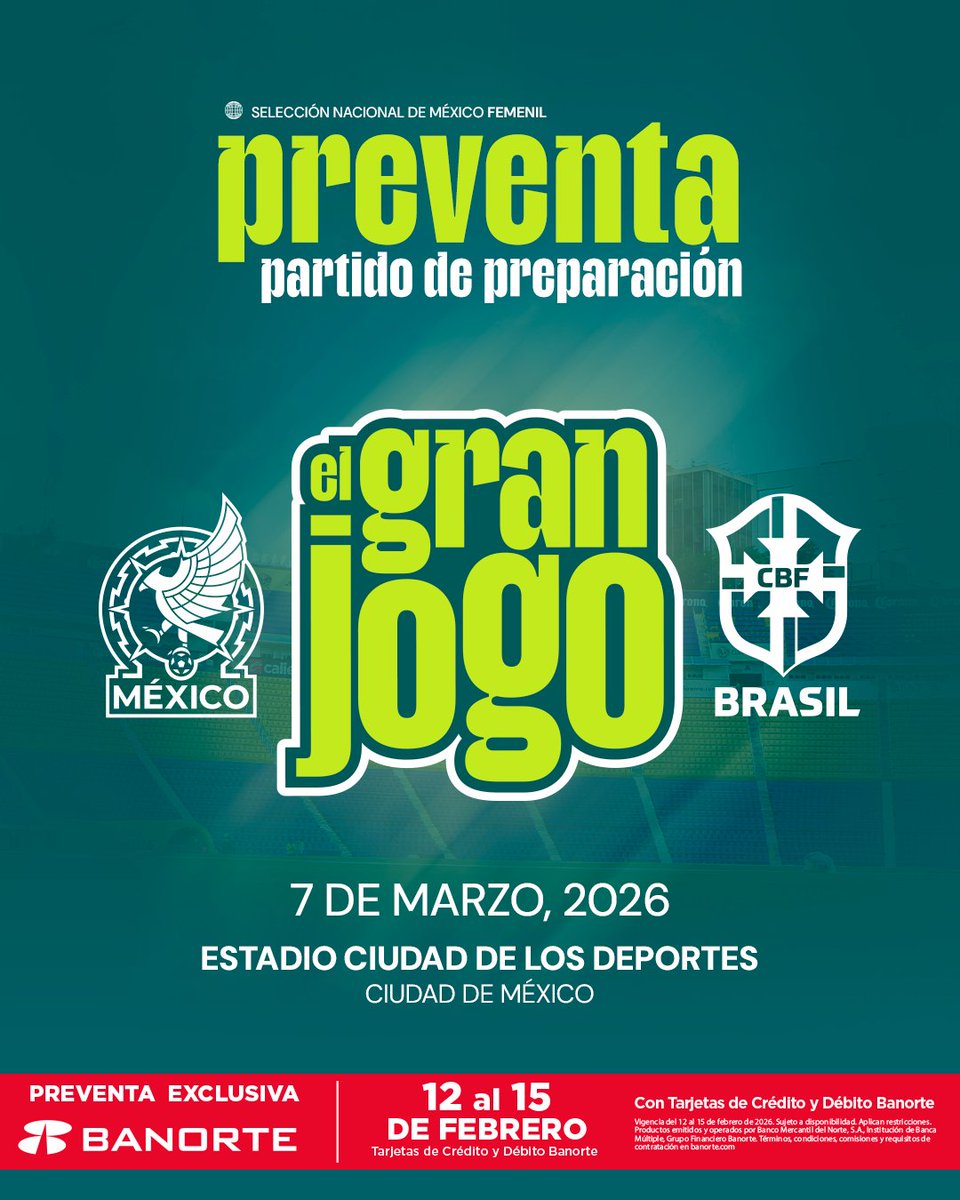 Miseleccionfem's tweet photo. ¿Y los boletooooos? 🤯

📆 Del 12 al 15 de febrero comienza la preventa para 𝙚𝙡 𝙜𝙧𝙖𝙣 𝙟𝙤𝙜𝙤 en Ciudad de los Deportes. ❤️‍🔥

Pon tu alarma y agenda el día, que no se te pase, te queremos ver en el estadio apoyando a La Femenil. 🇲🇽

#UnEquipoUnSueño https://t.co/e75udnZv3W