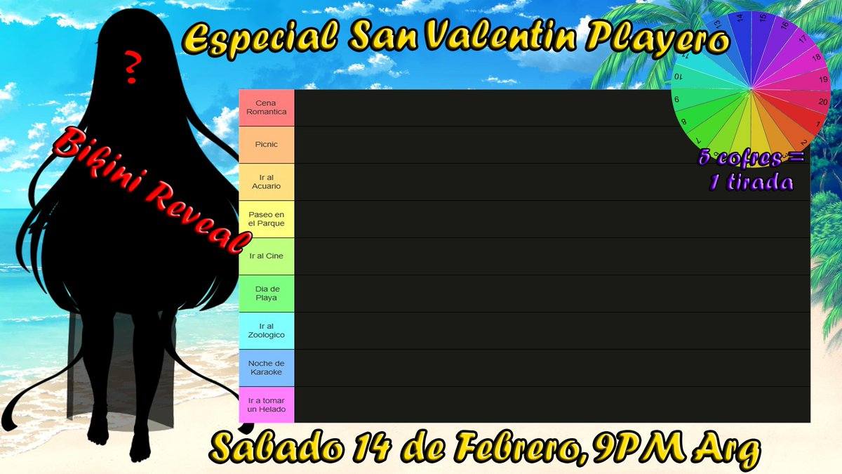 ¡ESPECIAL DE SAN VALENTIN!
TierList de Citas, Ruleta de Desafios y Gran Reveal del Bikini, vas a perdertelo? Te espero El Sabado 14 de Febrero a las 9PM Hora Arg! ❤️ 🦋
Para participar el TierList:
Deja un PNG de tu Avatar en los comentarios 😊

#Vtubers #VTuberES #VTuberUprising