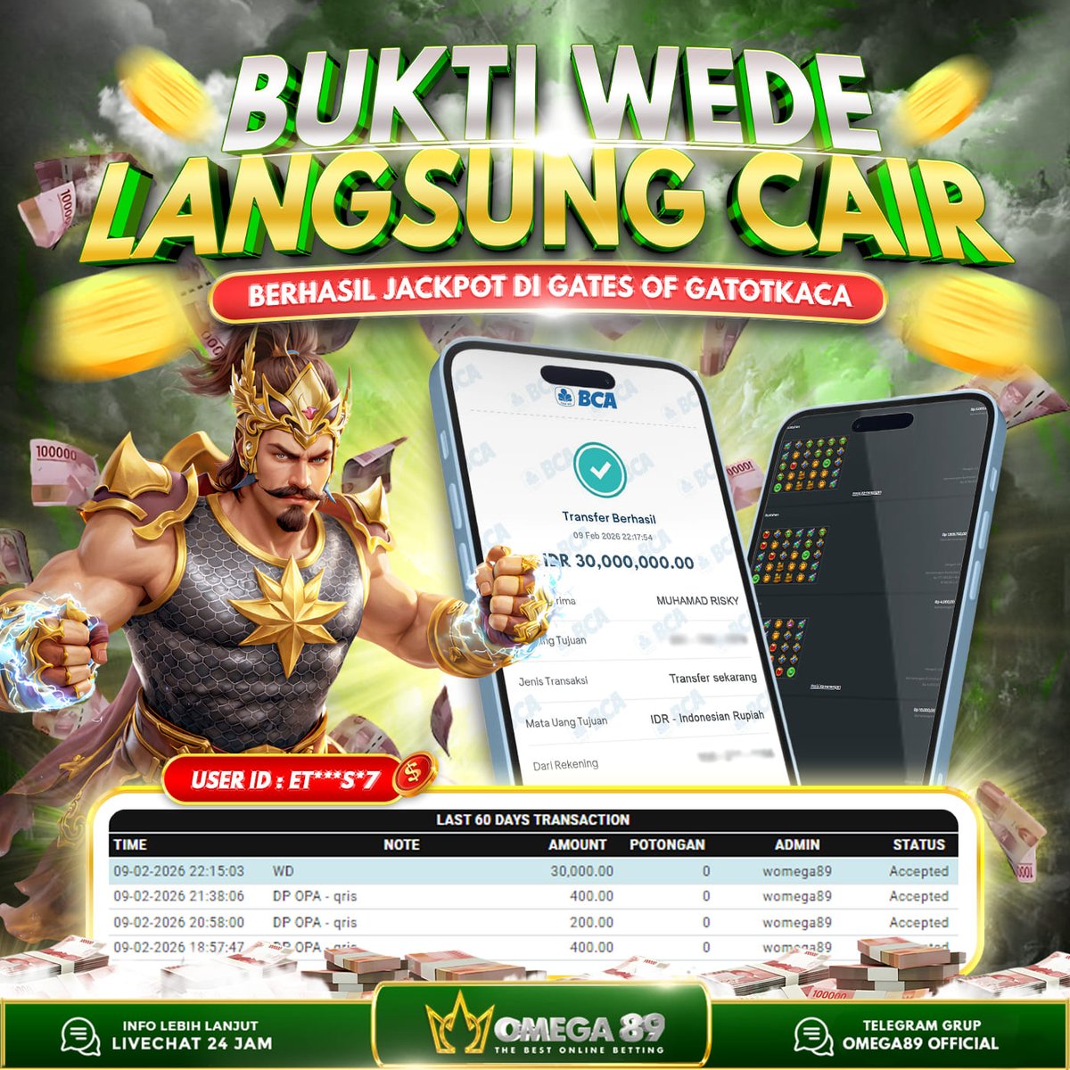 omega89rt's tweet photo. OMEGA89 MAXWIN DI GATES OF GATOTKACA Rp.30.000.000,- LUNAS!!💸💸

✅ Withdraw Cepat
✅ Bukti Transfer Nyata
✅ Menang Berapapun Pasti Dibayar

Raih JP nya sekarang juga bersama OMEGA89!

🌐 https://t.co/Y3WStO5fP5

#Omega89 #Omega89login #Omega89shop #Slotomega89 #Maxwin https://t.co/tYySKRSBH7
